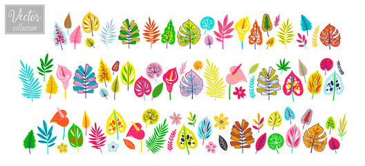 Tropical flowers and leaves collection in doodle style. Colorful design for cards, stickers, printed materials. Vintage style. Vector flat style design. Cute floral illustration. 