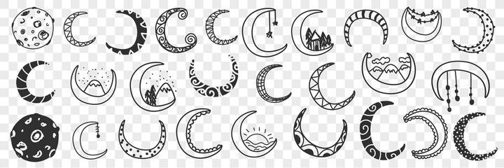 Obraz premium Natural moons pattern doodle set. Collection of hand drawn moons half and full of various patterns and styles decoration isolated on transparent background