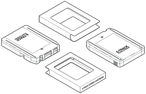 Technical illustration of a vintage 8-track music cassette with the case, front and back views.