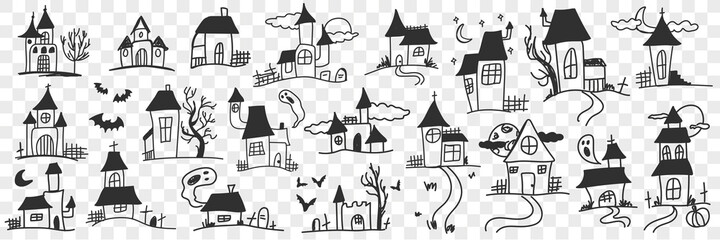 Buildings and houses with ghosts doodle set. Collection of hand drawn various facades of building houses with mystery ghosts during night isolated on transparent background