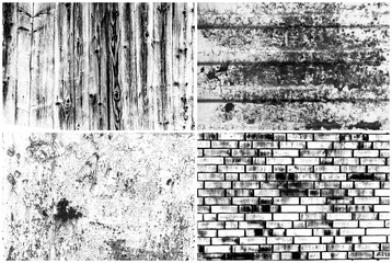 Set black and white textures different materials, monochrome background from old, shabby battered concrete wall