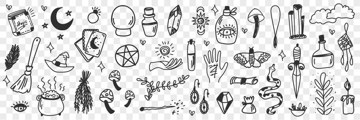 Esoteric witchcraft attributes doodle set. Collection of hand drawn witch tools occult objects hats broom cards moonlight snake isolated on transparent background