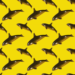 Seamless pattern with fishing bait on yellow background. Color of the Year 2021. Beautiful wide-angle wallpaper or web banner. Top view.
