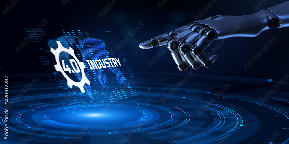 Poster industry 4.0 smart manufacturing lean business innovation technology concept. robot hand pressing bu
