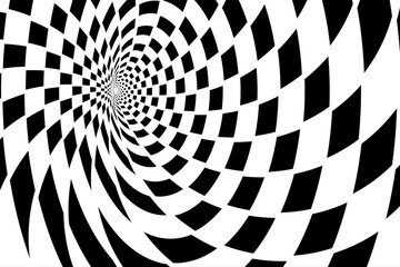Abstract Black and White Pattern with Tunnel. Contrasty Optical Psychedelic Illusion. Smooth Spiral Chessboard. Raster. 3D Illustration