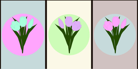Collection of colored posters of tulips in pastel colors. Abstract geometric elements, leaves and buds of tulips. Design for social networks, banners, backgrounds, cards, prints. 