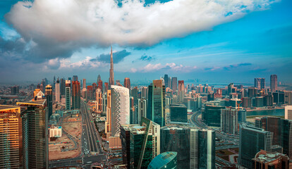 Dubai luxury and famous frontline at sunrise, United Arab Emirates