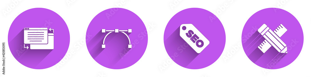 Poster set ui or ux design, bezier curve, seo optimization and crossed ruler and pencil icon with long shad