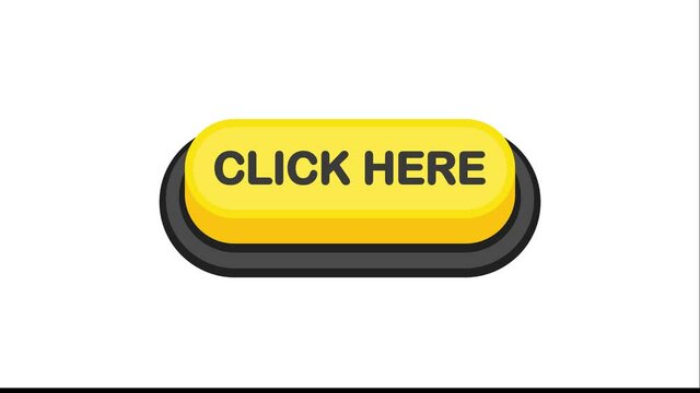 Click Here yellow 3D button in flat style isolated on white background. Motion graphic.