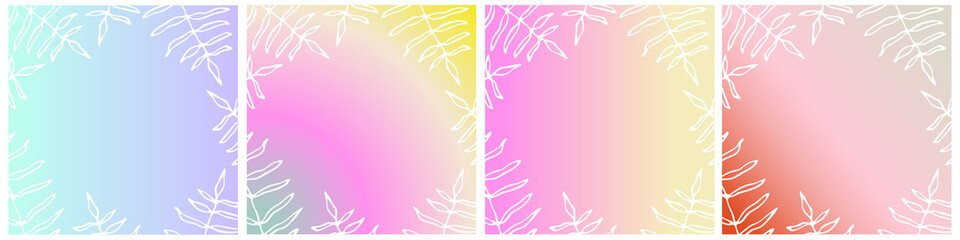Set of vector gentle pastel simple trendy gradients. 2021 collection of modern colors. Palette for decoration and design with tropical plants, hand-drawn ink leaves. Isolated palettes. Stretch color.
