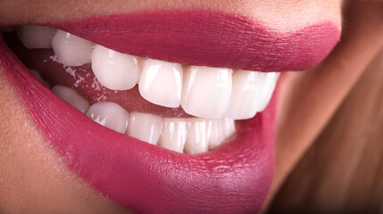 Perfect Close Up White beautiful Veneers Teeth bleaching crowns whitening young lady smiling,...