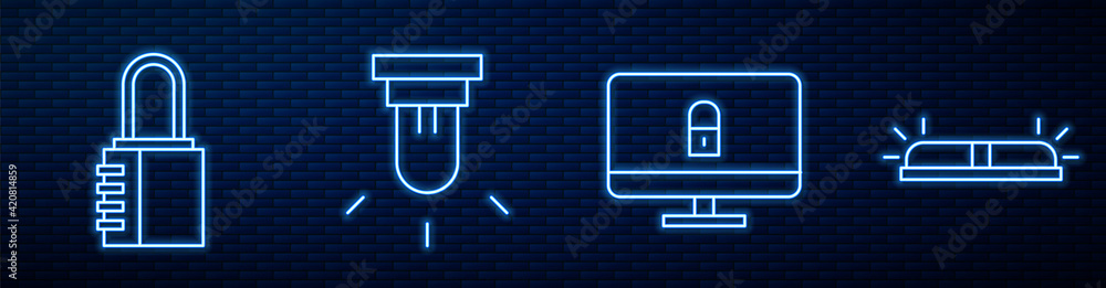 Aufkleber set line lock on computer monitor, safe combination lock, motion sensor and flasher siren. glowing n