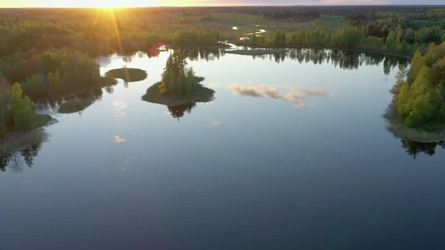 An aerial view of the bog landscape in Ao Estonia with the clear water of the dam lake.geology shot