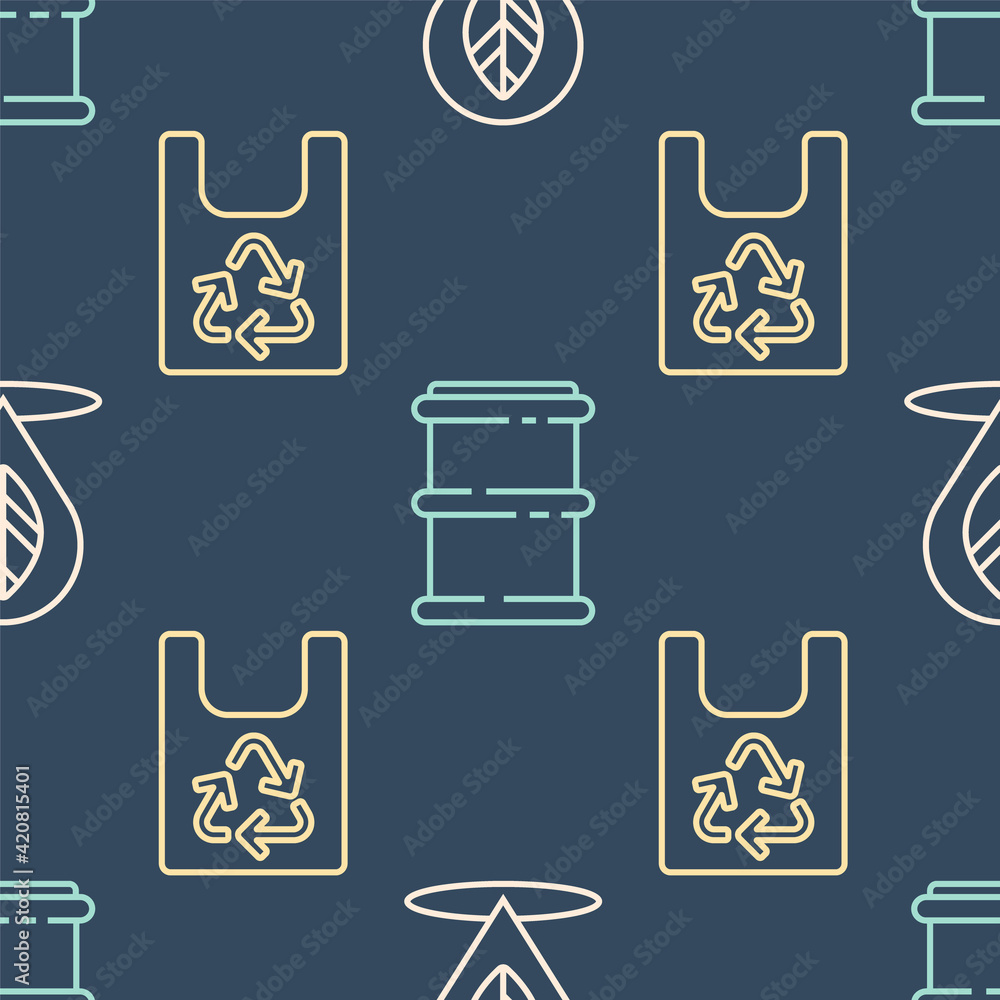 Poster set line location with leaf, plastic bag with recycle and barrel on seamless pattern. vector