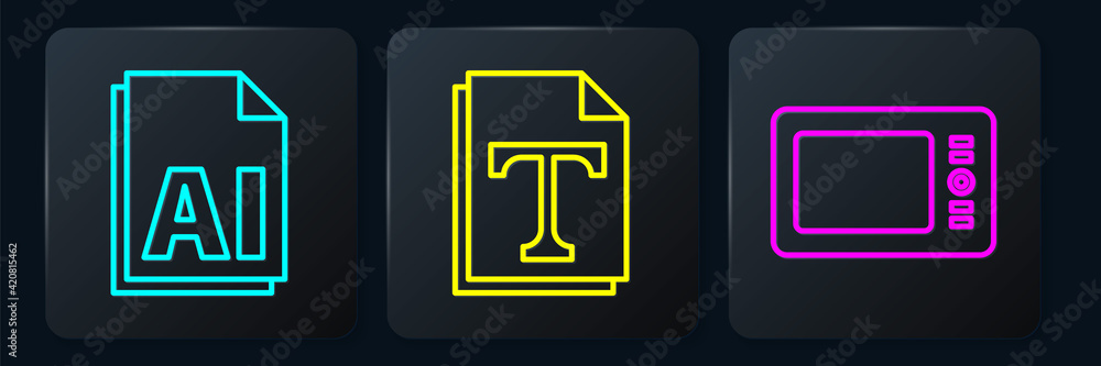 Fototapete set line ai file document, graphic tablet and text file document. black square button. vector
