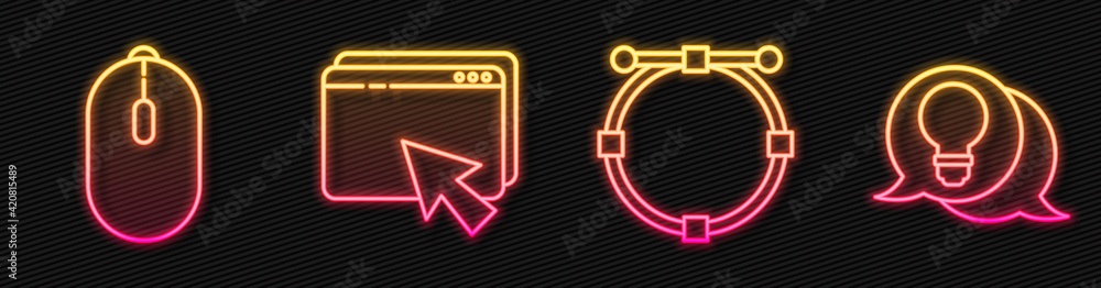 Fototapete set line circle with bezier curve, computer mouse, web design and development and light bulb with co
