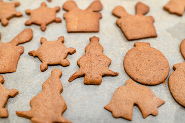 Baked gingerbread cookies in various shapes without decorations, lying on baking paper.