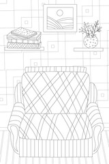 room with flowerpots and a stack of books on shelves, a picture