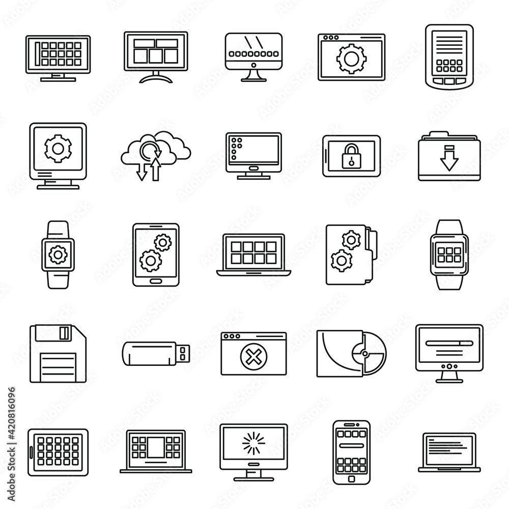 Poster software operating system icons set, outline style