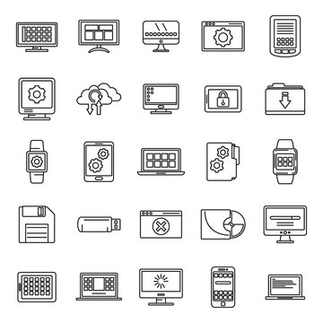 Software operating system icons set, outline style