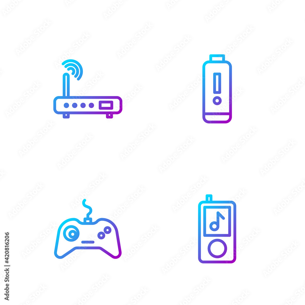 Poster set line music player, gamepad, router and wi-fi signal and battery charge level indicator. gradient