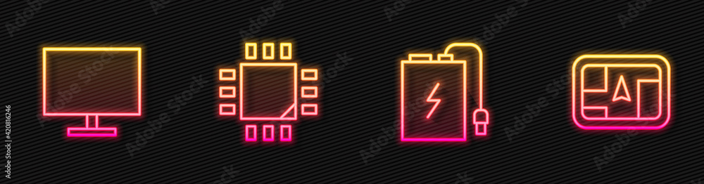 Poster set line power bank with charge cable, computer monitor screen, processor microcircuits cpu and gps 