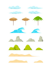 Fototapeta na wymiar Ocean horizon, clouds and green trees cartoon vector illustration set. Isolated cartoon landscape beach constructor