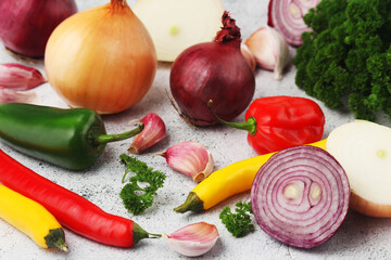 Different spices: onion. garlic, parsley and pepper	