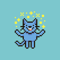 colorful simple flat pixel art illustration of cartoon smiling crypto cat showing a magical glow overhead