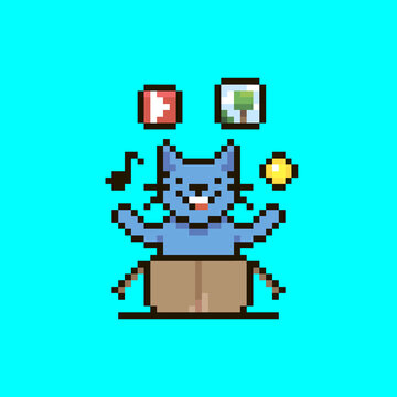 colorful simple flat pixel art illustration of cartoon smiling crypto cat sitting in an open cardboard box, cat juggling symbols overhead musical note, video player, picture and coin or token