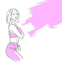 Obraz na płótnie Canvas Fitness woman stands gray and pink colors. Outlines of a girl silhouette. Hand-drawn vector outline illustration. Isolated on white.