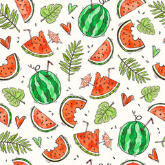 Background with watermelons, watermelon slices and tropical leaves. Seamless pattern. Summer fruit.  Vector flat style design. Doodle. Texture for wrapping paper, fabric, cards 