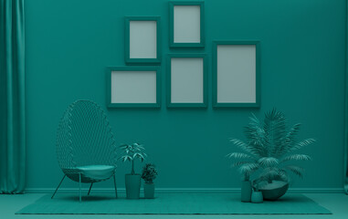 Single color monochrome dark green color interior room with single chair and plants,  5 poster frames on the wall, 3D rendering