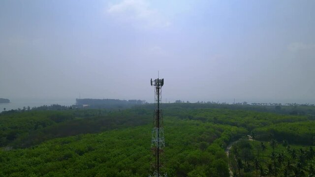 Wireless telecommunication, Cellular 3g, 4g, 5g radio transmitter and repeater tower. Communication antenna. Aerial view from drone