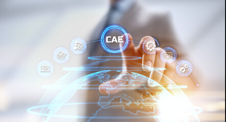 CAE Computer-aided engineering software system concept. Businessman pressing button on screen.