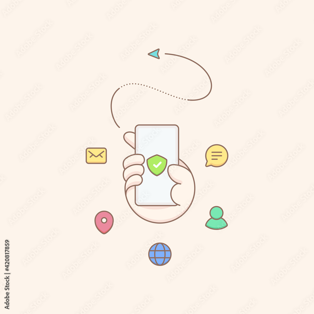 Poster secure shield on smartphone screen. secure application hand holds the smartphone and finger touches 