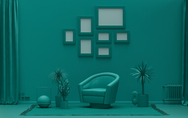 Mock-up poster gallery wall with 7 frames in solid pastel dark green room with furnitures and plants, 3d Rendering