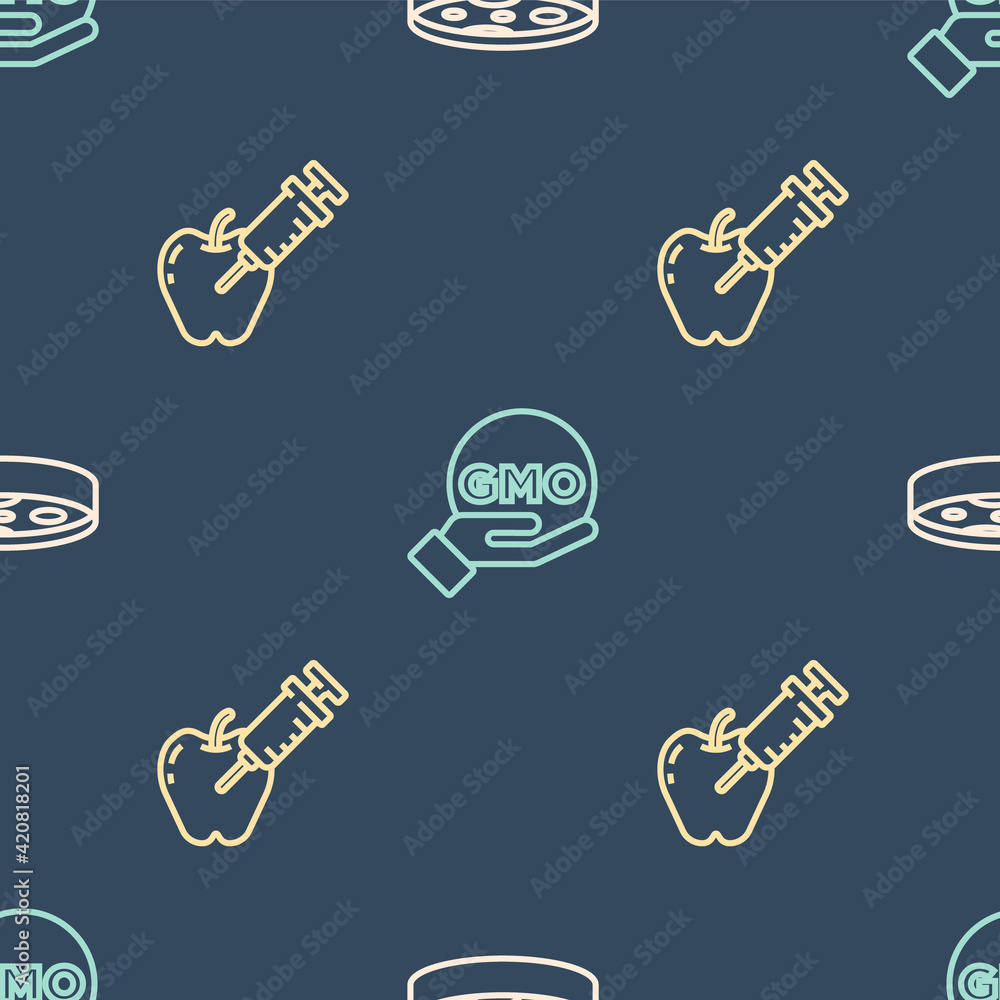 Poster set line petri dish with bacteria, genetically modified apple and gmo on seamless pattern. vector