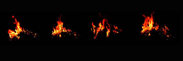 Fototapeta na wymiar The set of 4 thermal energy flames image set on a black background. Yellow red heat energy