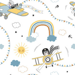 Little Boy Pilot in Airplane vector seamless pattern. Aviator Birthday Party design. Cute cartoon boy kid character fly in retro plane in festal sunny sky. © AngellozOlga
