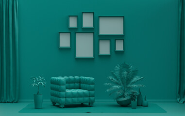 Minimalist living room interior in flat single pastel dark green color with seven frames on the wall and furnitures and plants, in the room, 3d Rendering