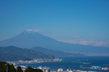 View of Mount Fuji on blue sky background at Shimizu Port,Japan’s international trading ports located in Shizuoka, Japan. Japan.