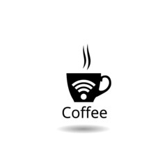 Cup of coffee shop with free wifi zone icon with shadow