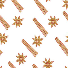 Raster picture with anise and cinnamon on white background. Seamless pattern with spices. Colored pencil hand drawn image.