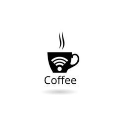 Cup of coffee shop with free wifi zone icon with shadow