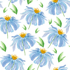 Flower with big blue petals and yellow heart watercolor seamless pattern. Template for decorating designs and illustrations.