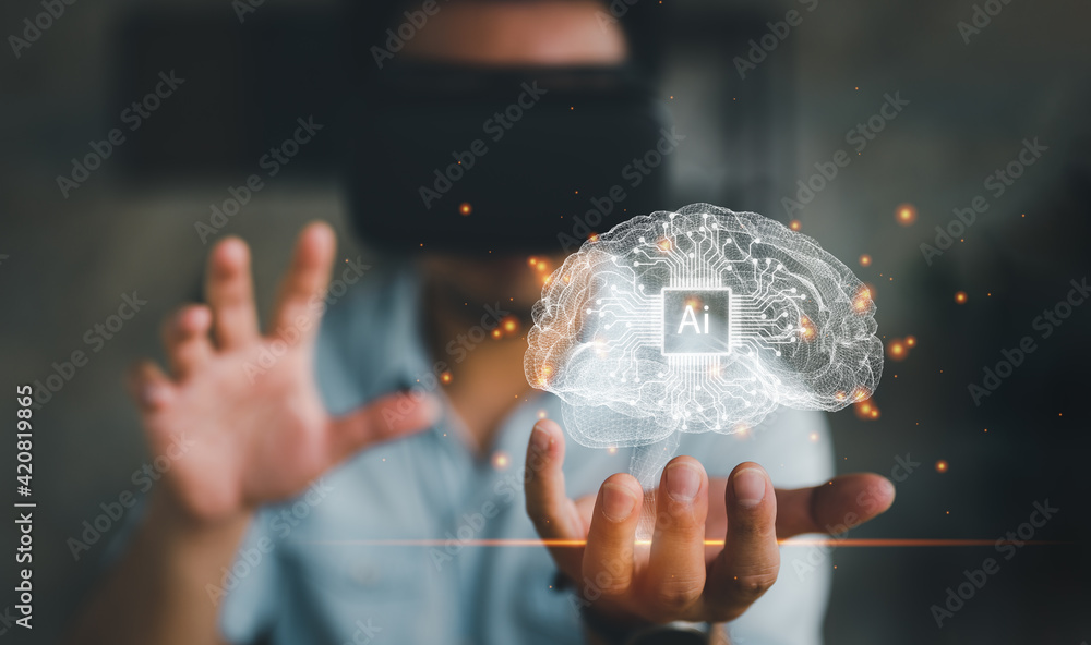 Poster man wearing VR glasses Deep Machine learning Artificial intelligence AI technology concept on virtual screen. Internet of Things IoT, big data, 4.0 industrial technology.
