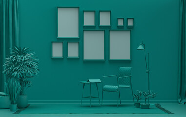 Modern interior flat dark green color room with furnitures and plants, gallery wall template with 9 frames on the wall for poster presentation, 3d Rendering
