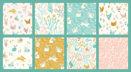 Vector seamless patterns with bunnies and chicken for Easter and other use.