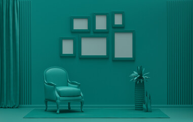 Wall mockup with six frames in solid flat  pastel dark green color, monochrome interior modern living room with single chair and plants, 3d rendering